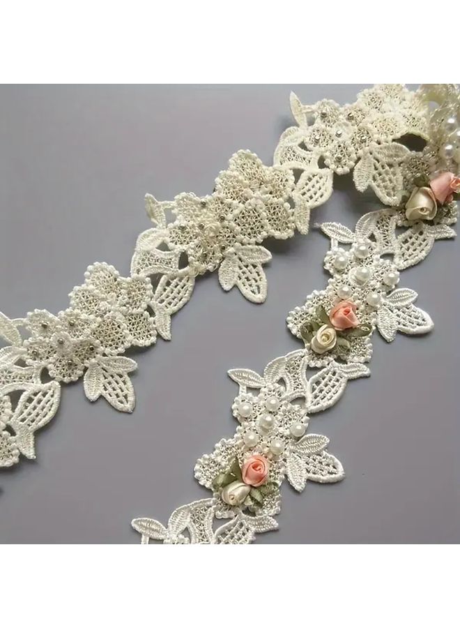 Vintage Pink Pearl Flower Lace Trim Ribbon Embroidered Applique Patches for Sewing Crafts - Image 1