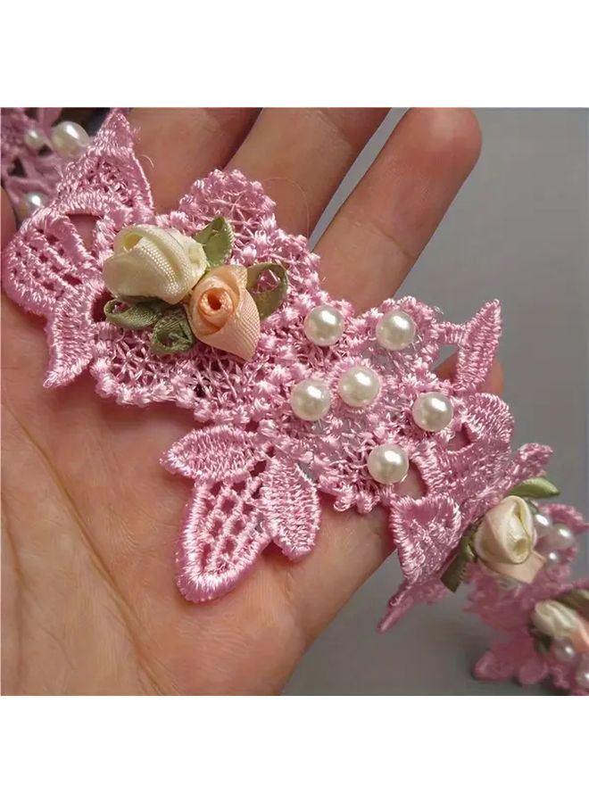 Vintage Pink Pearl Flower Lace Trim Ribbon Embroidered Applique Patches for Sewing Crafts - Image 2