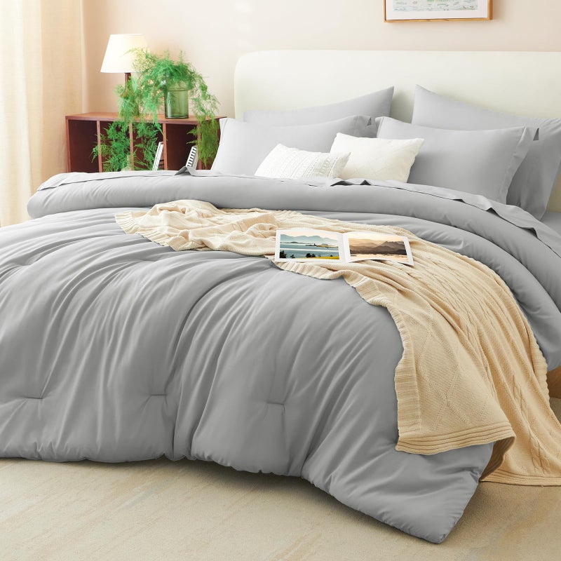 CozyLux King Size Comforter Set Light Grey, 7 Pieces Bed in a Bag King Comforter Set with Sheets, Bedding Set with Down Alternative Comforter, Fitted Sheet, Flat Sheet, Pillow Shams and Pillowcases - Image 1