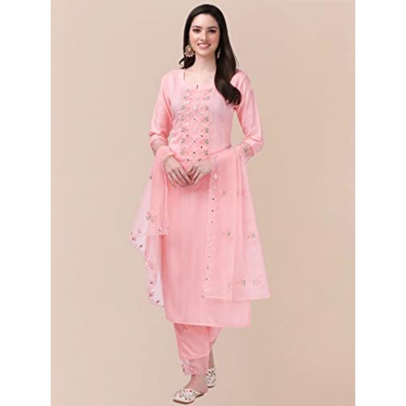 Trendmalls Women's Cotton Embroidery Salwar Suit Set Kurta Pant with Dupatta - Image 4