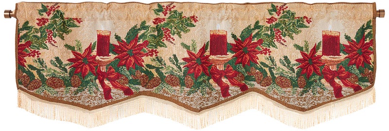Violet Linen Holiday Seasonal Tapestry Decorative Christmas Poinsettias and Candles Design  60 X 15 Window Valance