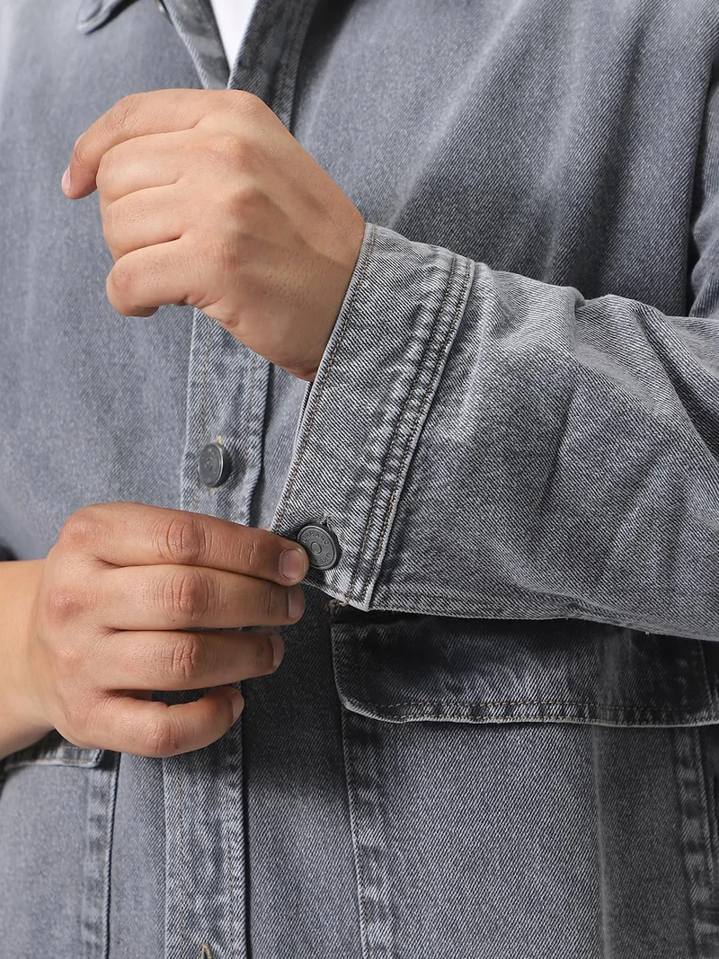 Urbano Fashion  Urbano Plus Men's Grey Relaxed Fit Full Sleeve Utility Denim Jacket  | Best Price UAE