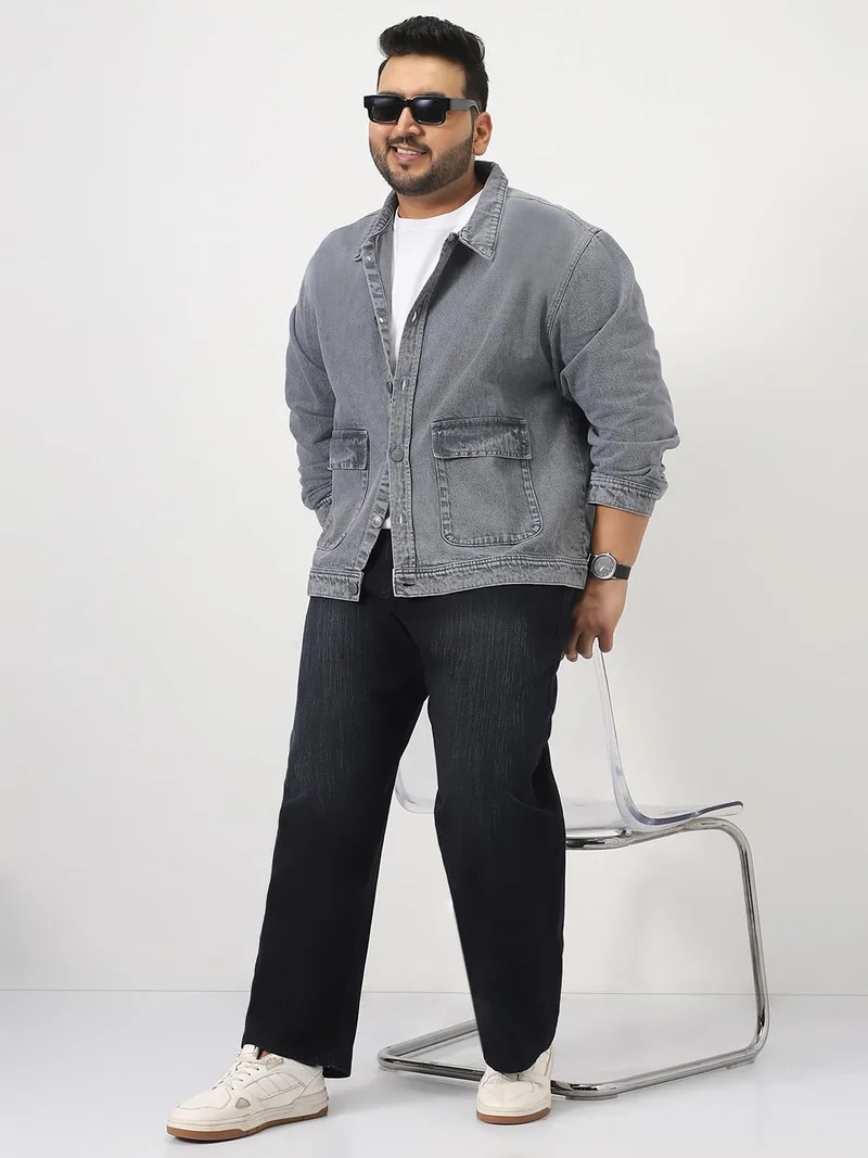 Urbano Fashion  Urbano Plus Men's Grey Relaxed Fit Full Sleeve Utility Denim Jacket  | Best Price UAE