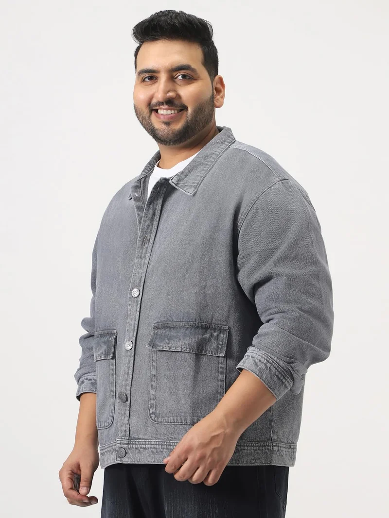 Urbano Fashion  Urbano Plus Men's Grey Relaxed Fit Full Sleeve Utility Denim Jacket  | Best Price UAE