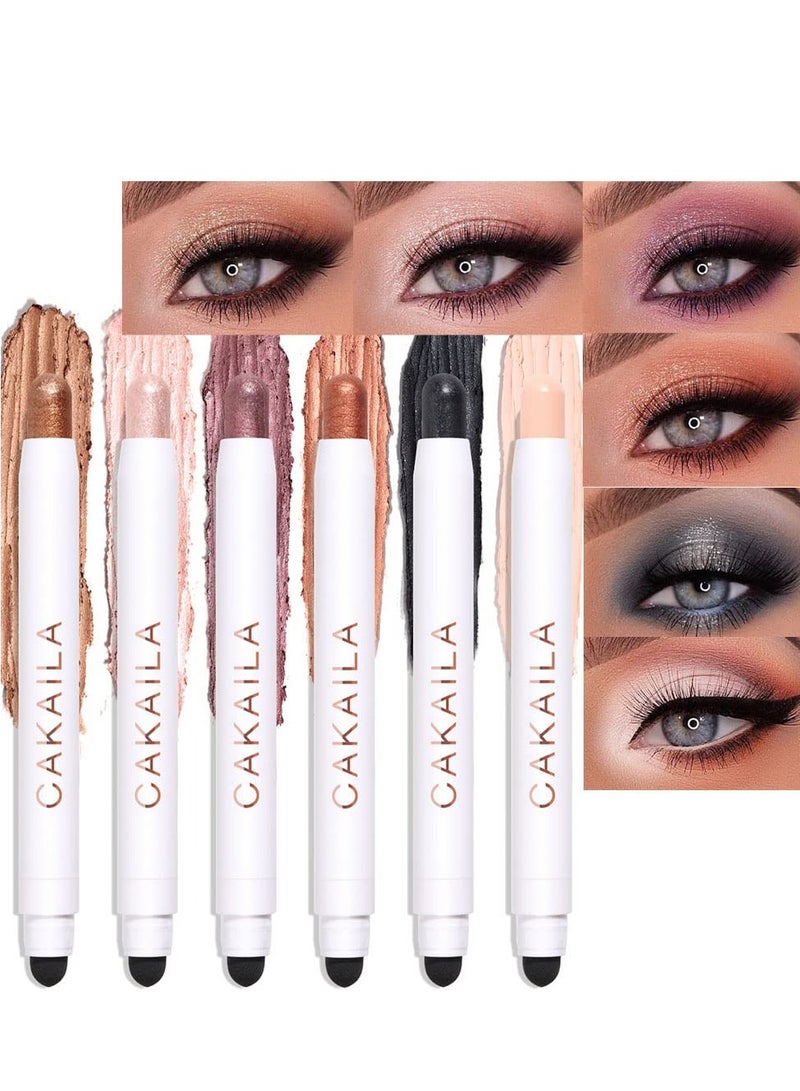 SYOSI 6 Pcs Eye Shadow Stick Makeup Set Waterproof Cream Eye Shadow Pencil Eyeliner Crayon Set for Eyes White Brown Gold Pink Dark Purple Bronzer Black Shimmer Eye Brightener Stick Highlighter - Image 1