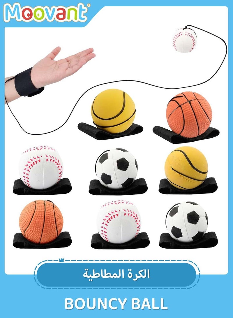Moovant 8PCS Rebound Ball with String, Wristband Ball Toy Set with Basketball, Baseball, Tennis and Football, Exercise Kid's Hand-Eye Coordination, 2.4 inch - Image 1