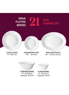 LARAH BY BOROSIL Larah by Borosil Nina Fluted Series Opalware Dinner Set | 21 Pieces for Family of 6 | Microwave & Dishwasher Safe | Bone-Ash Free | Crockery Set for Dining & Gifting | Plates & Bowls | White  - Image 2