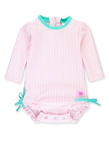 RuffleButts Baby-Girls Seersucker Long Sleeve Rash Guard - One Piece Swimsuit UPF 50+ Toddler - Image 1