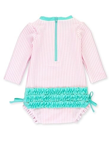 RuffleButts Baby-Girls Seersucker Long Sleeve Rash Guard - One Piece Swimsuit UPF 50+ Toddler - Image 4
