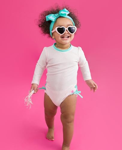 RuffleButts Baby-Girls Seersucker Long Sleeve Rash Guard - One Piece Swimsuit UPF 50+ Toddler - Image 2