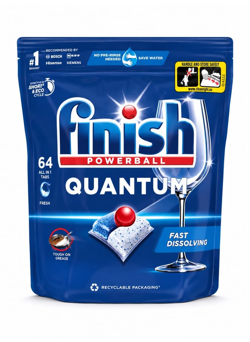 Finish Quantum All in One Dishwasher Tablets, Regular, 64 Count, Fresh
