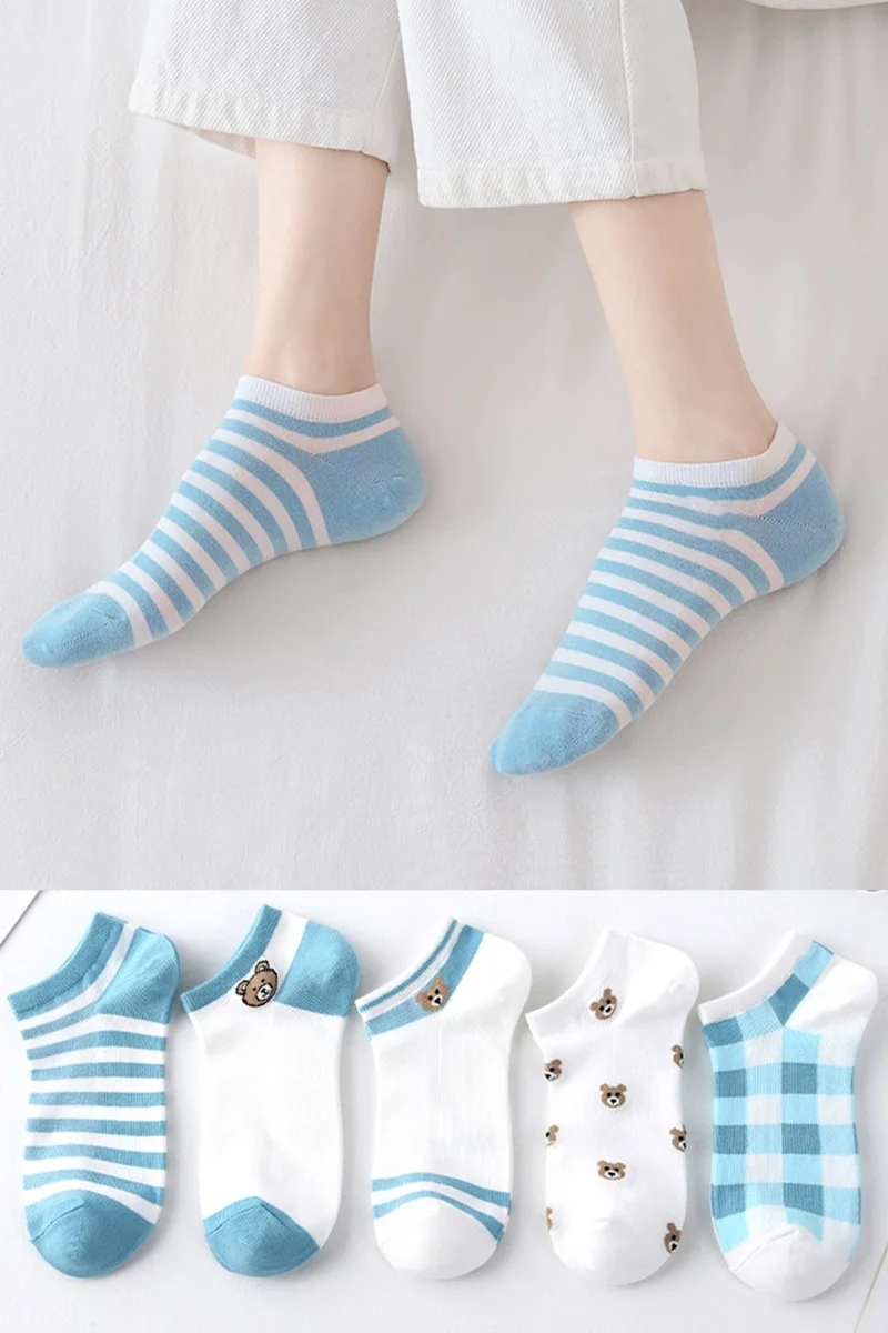 Bgk 5 Pairs Women's Turquoise Bear Patterned Short Socks