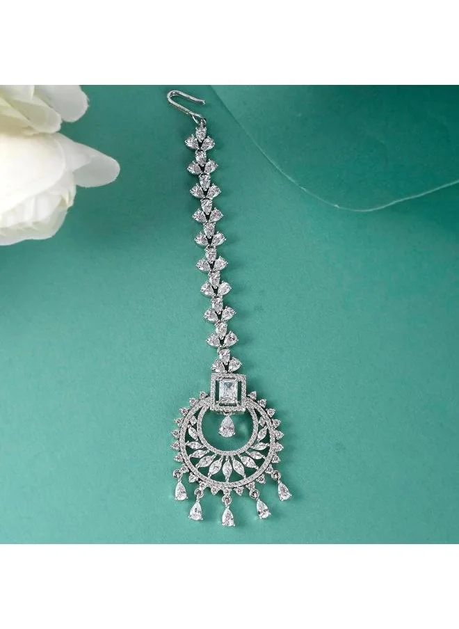 فويلا CZ Elegance Clear Zircons Silver Plated Maang Tika