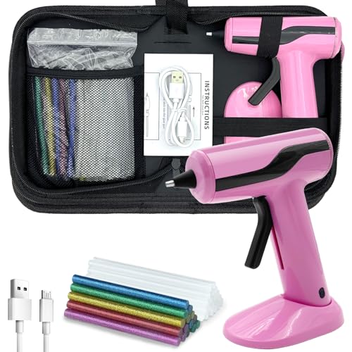 Liumai Cordless Hot Glue Gun Kit with 30pcs Mini Glue Sticks, USB Rechargeable Mini Glue Gun with Carrying Case, Stand-Up Base, Smart Power-Off Hot Melt Glue Gun for Crafting, Pink - Image 1