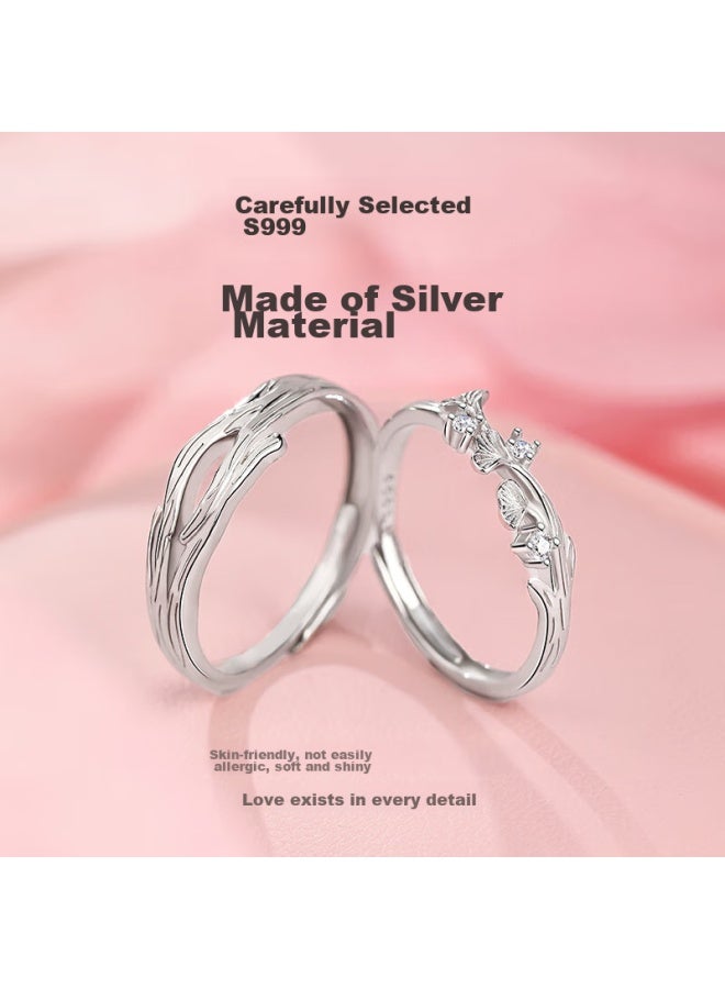 Manhe S999 Sterling Silver Couple Rings, One Pair Engagement Diamond Rings, Adjustable Women's And Men's Rings, New Year Gift - Image 2