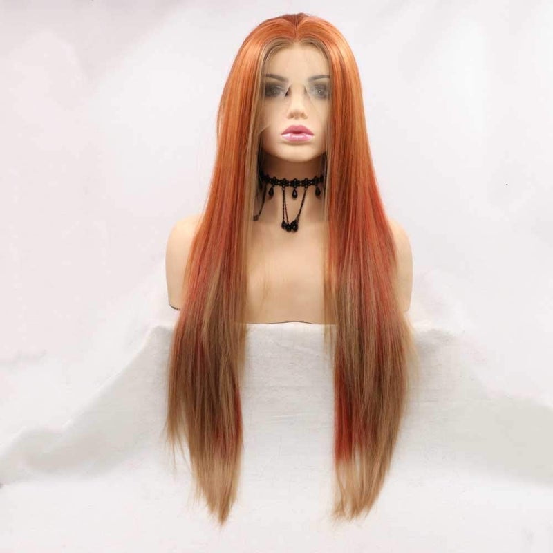 Highlight Copper Red Synthetic Lace Front Wigs withBrown Tips Long Soft Silky Straight Red Orange Lace Front Wig Hair Copper BrownST