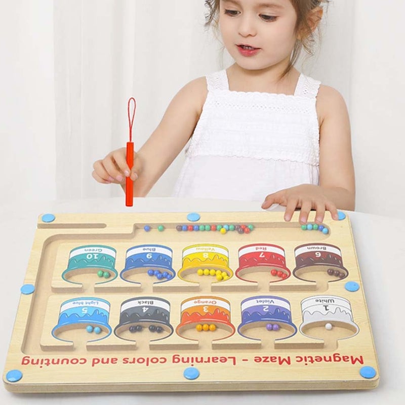 EDUTREE Montessori Wooden Magnetic Color and Counting Maze Toy for Kids Ages 3+, Includes Magnetic Stick, Acrylic Board, Colorful Beads and Sorting Jars - Educational Puzzle Game - Image 1