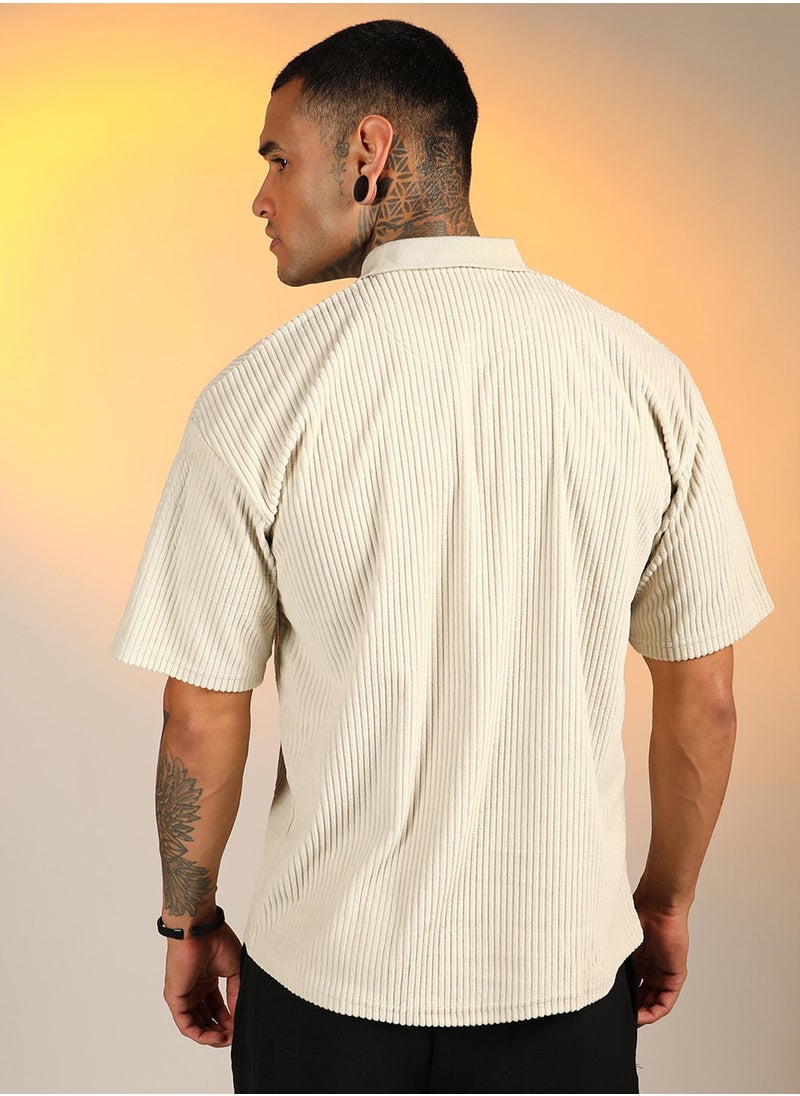Campus Sutra Men's Saltbox Beige Ribbed Oversized Polo T-Shirt  - Image 5