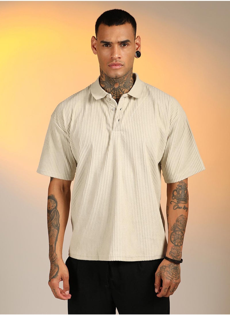Campus Sutra Men's Saltbox Beige Ribbed Oversized Polo T-Shirt  - Image 2
