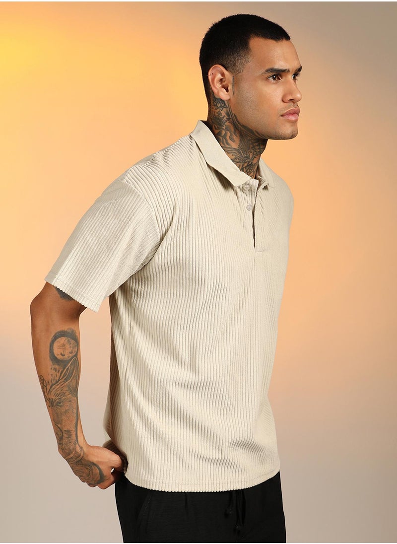 Campus Sutra Men's Saltbox Beige Ribbed Oversized Polo T-Shirt  - Image 3