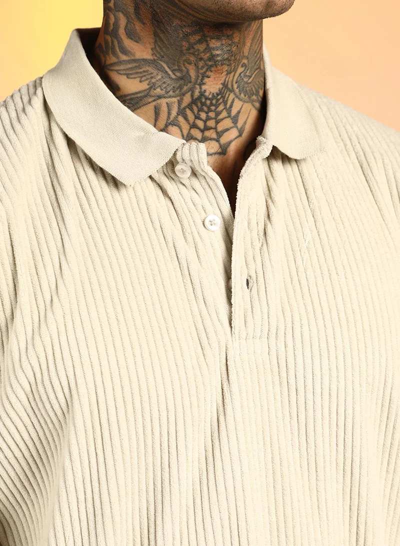كامبوس سوترا Men's Saltbox Beige Ribbed Oversized Polo T-Shirt