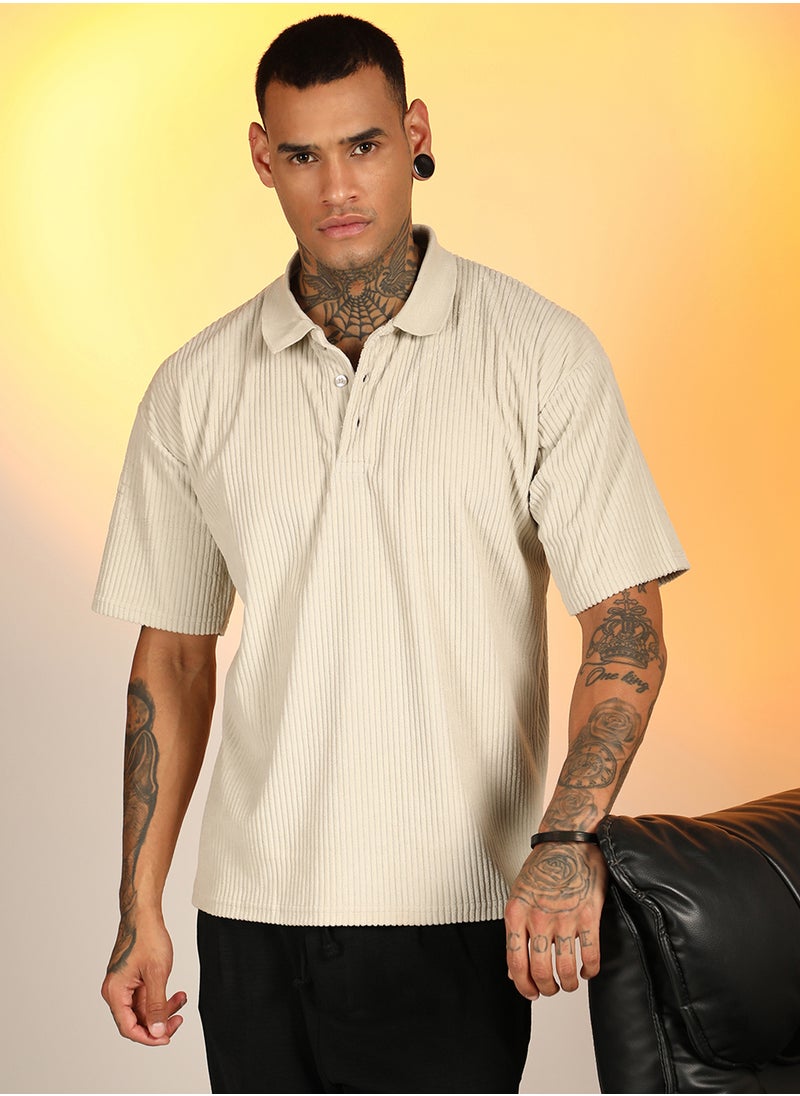 Campus Sutra Men's Saltbox Beige Ribbed Oversized Polo T-Shirt  - Image 1