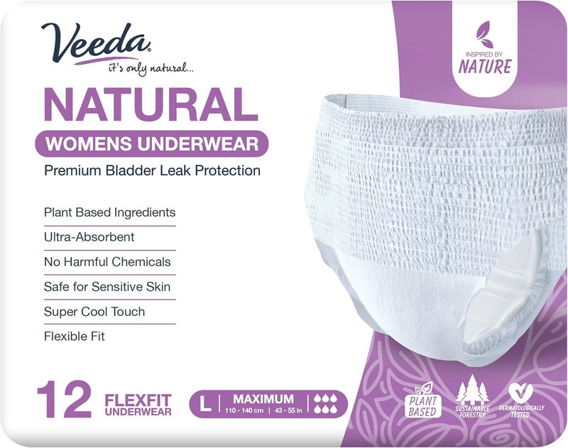 سروال فيدا الطبيعي للكبار للنساء - سروال ما بعد الولادة لحماية تسرب المثانة - سروال قابل للتخلص مع أقصى امتصاص - حجم كبير - 12 قطعة