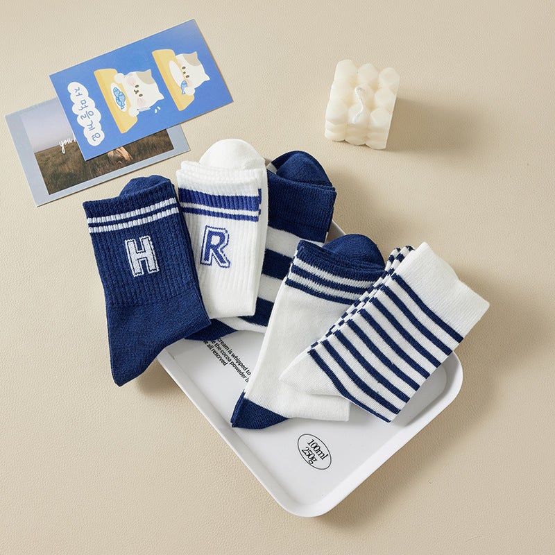 Korean Style Striped Mid-Calf Socks Navy Blue Sports Series Embroidered Versatile Breathable Antibacterial Trendy Embroidery - Image 5