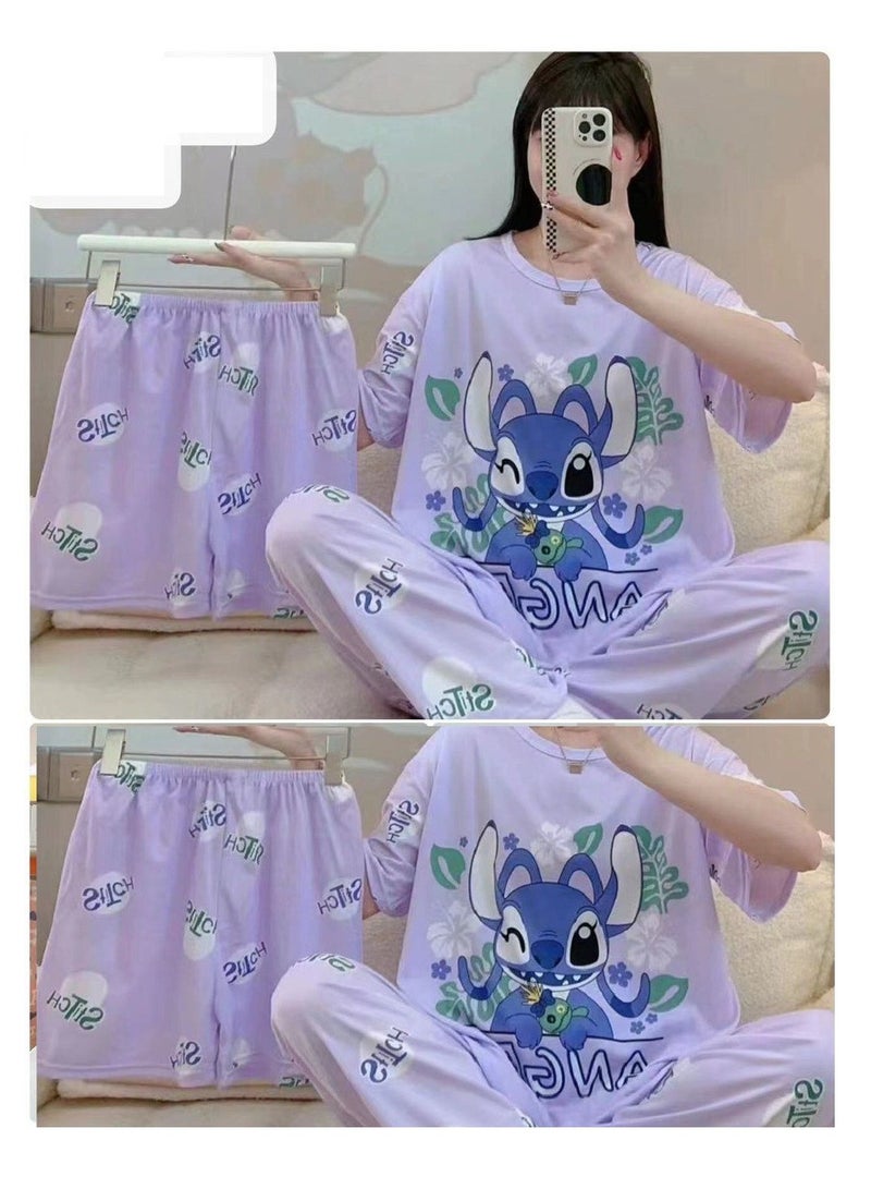 Short Sleeve Night Suit Set Cute Cartoon Print Loose Sleepwear Dress Pajama Set for Women 3 PCs 
