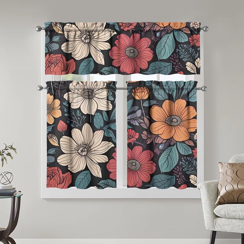 sdhinlwo Boho Kitchen Curtains Sets for Windows Bohemian Flower Curtain Sink Window Valance 3 Piece Set Boho Floral Kitchen Tier Curtains 3 Panels Decor for Living Room Bedroom - Image 1