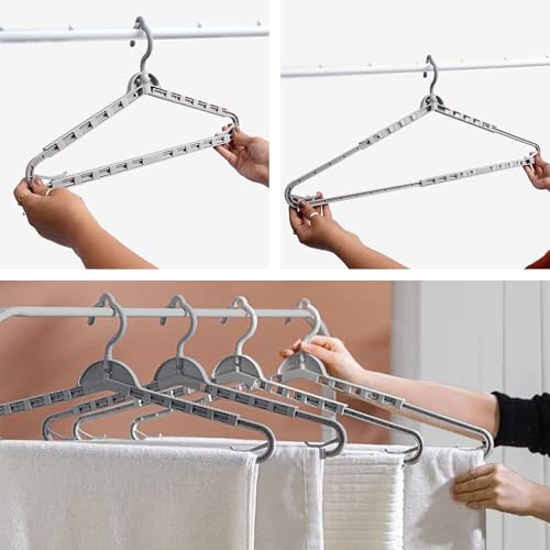 LIVINGBASICS Plastic 4 Pieces Expandable Hangers for Clothes with 360° Rotating Hook/Extendable Hanger for Kids/Telescopic Wardrobe Hanger Ideal for Coat, Sweaters, Jackets, Bath Towels, Pants (Grey) - Image 1