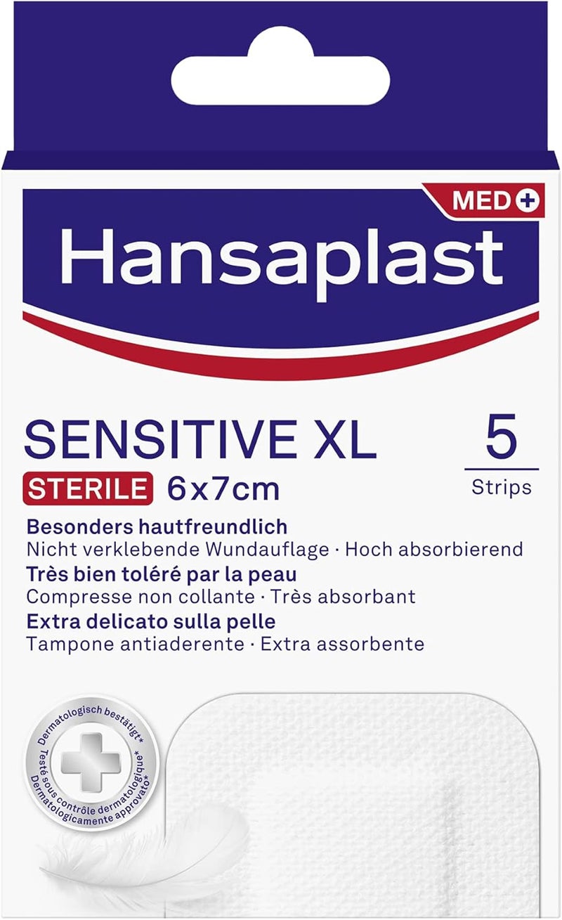 هانزابلاست لصقات هانسابلاست الحساسة XL لتغطية الجروح المتوسطة إلى الكبيرة، مضادة للحساسية ومعقمة وخالية من اللاتكس، عبوة واحدة تحتوي على 5 قطع بحجم 6 × 7 سم تشطيب ناعم ودقيق - Image 1