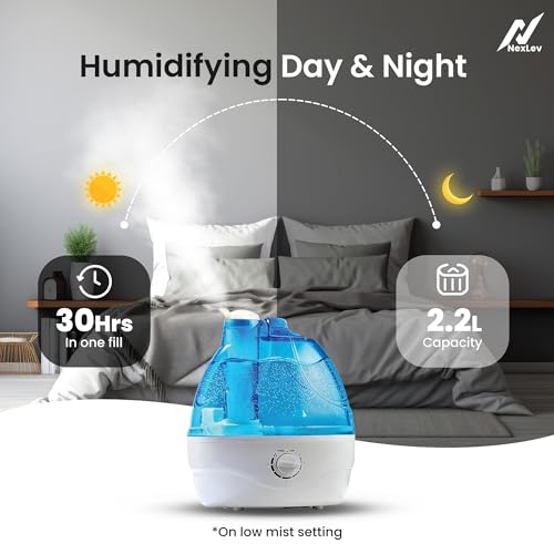 NexLev 2.2L Ultrasonic Cool Mist Humidifier for Bedroom, Baby Nursery & Plants | 30H Runtime, Quiet Operation, 360° Nozzle, Adjustable Mist, Auto Shut-Off, Leak Proof | HU-02 - Image 2