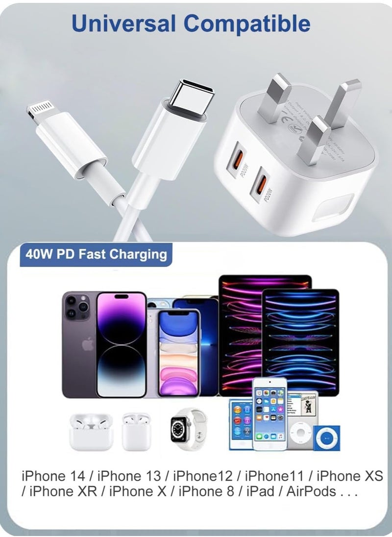Generic - NEW MFi Certified iPhone Fast Charger – Dual 20W PD USB-C Adapter with USB-C to Lightning & USB-C to USB-C Cables (2M), Compatible with iPhone 14/13/12/11/X/8, iPad, AirPods - Image 1