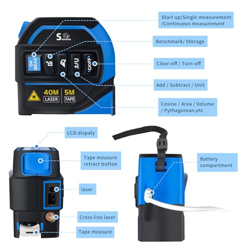 SUNHAIXIA 4in1 Laser Tape Measure with Laser Level Crosshairs 130ft40m Laser Distance16ft5m AutoLock Tape Backlit LCD Display FtInchMmm for DIYConstruction Interior Design Blue131Ft - Image 3
