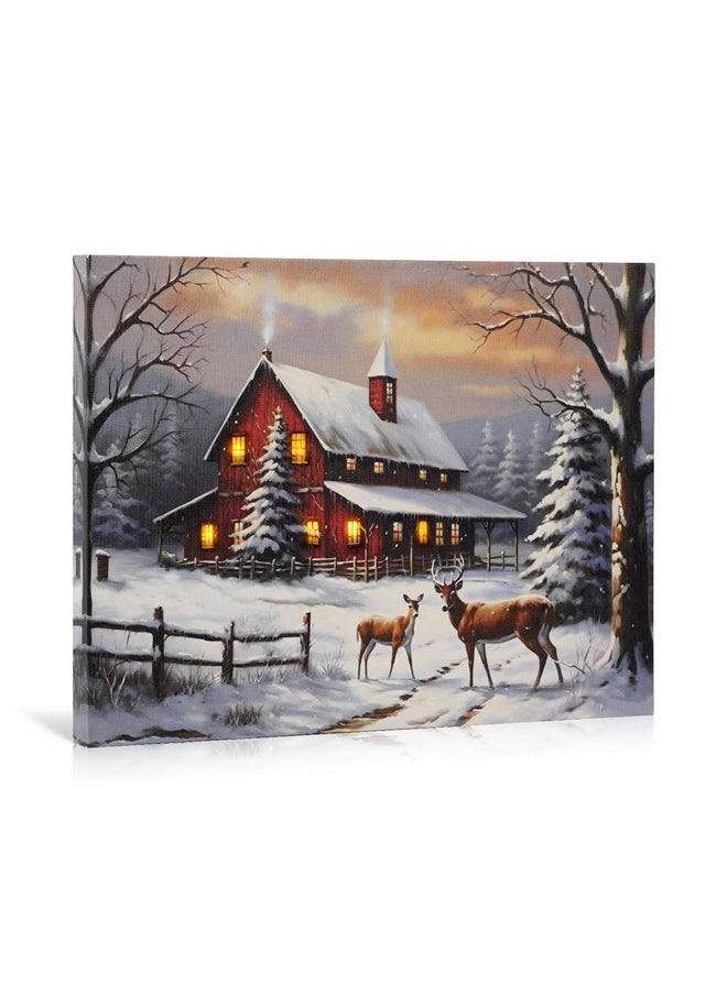NIKKY HOME NIKKY HOME Christmas LED Lighted Wall Art, 16 x 12 Inch Canvas Prints Xmas Decor Light Up Red Barn and Elk Pictures, Winter Snow Scene Indoor Holiday Decorations  - Image 1