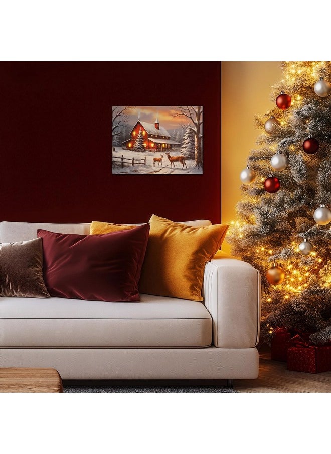 NIKKY HOME NIKKY HOME Christmas LED Lighted Wall Art, 16 x 12 Inch Canvas Prints Xmas Decor Light Up Red Barn and Elk Pictures, Winter Snow Scene Indoor Holiday Decorations  - Image 2