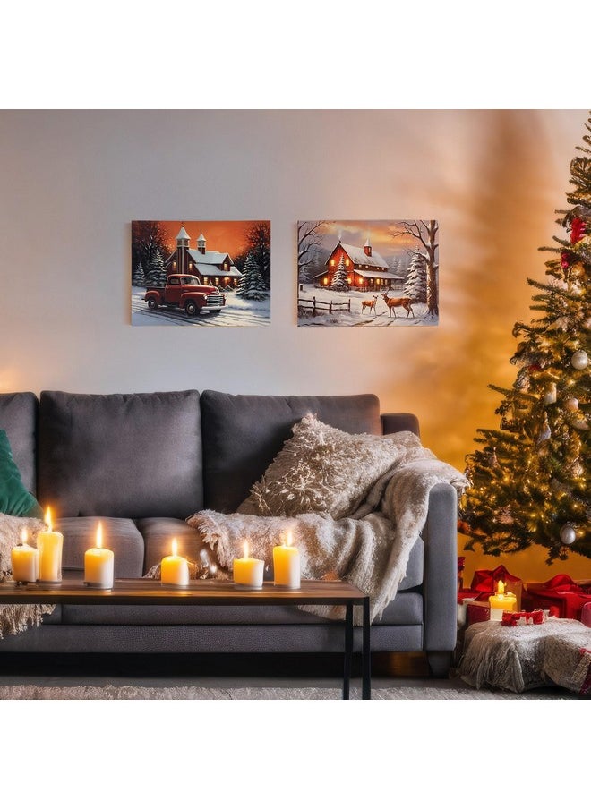 NIKKY HOME NIKKY HOME Christmas LED Lighted Wall Art, 16 x 12 Inch Canvas Prints Xmas Decor Light Up Red Barn and Elk Pictures, Winter Snow Scene Indoor Holiday Decorations  - Image 3