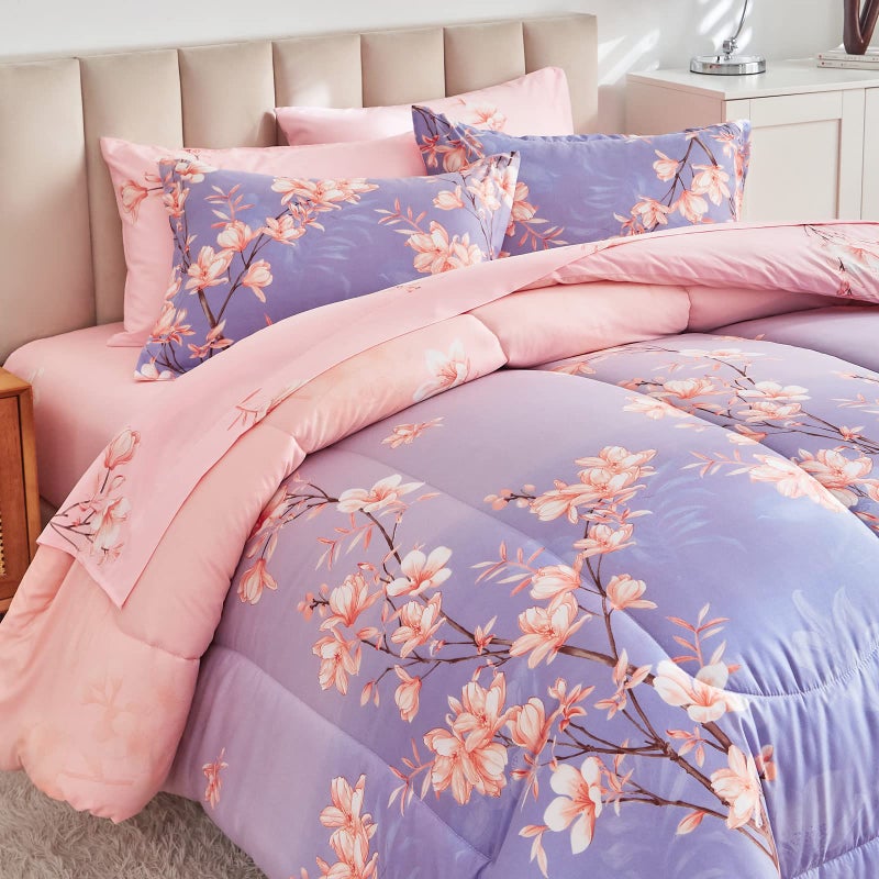 AIKASY Pink and Light Purple Queen Comforter Set with Sheets,Bed in a Bag 7-Pieces,Branches and Flowers Printing Design,Ultra Soft Down Alternative All Season Bedding Set(Queen,Blossom Stem) - Image 2