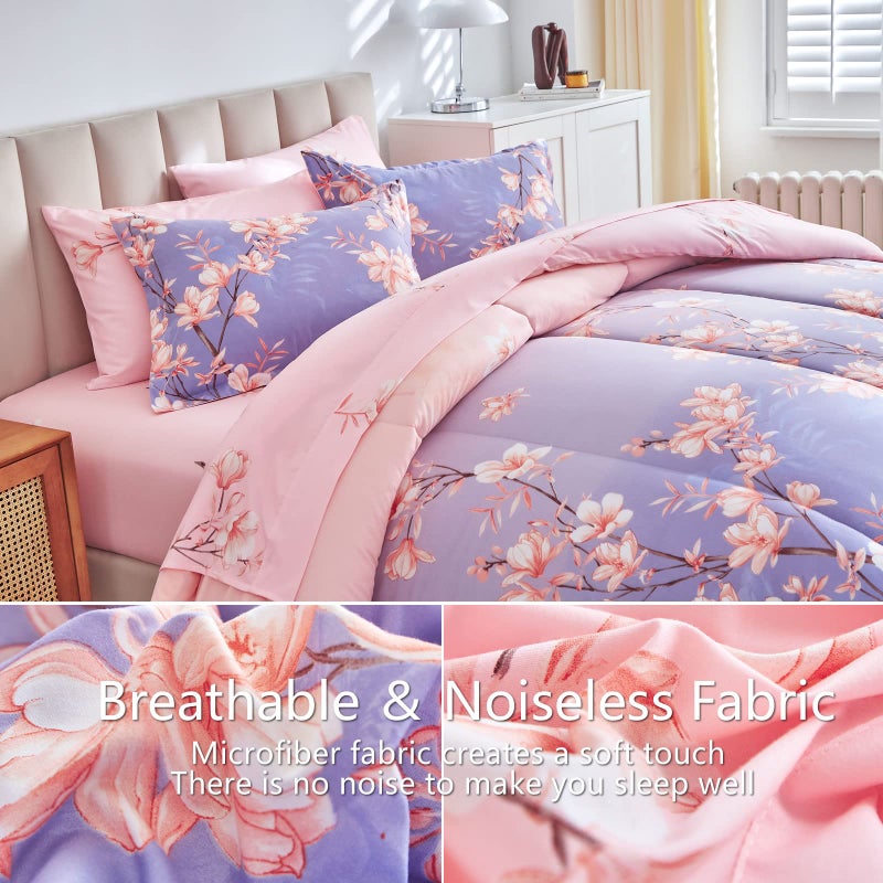 AIKASY Pink and Light Purple Queen Comforter Set with Sheets,Bed in a Bag 7-Pieces,Branches and Flowers Printing Design,Ultra Soft Down Alternative All Season Bedding Set(Queen,Blossom Stem) - Image 5