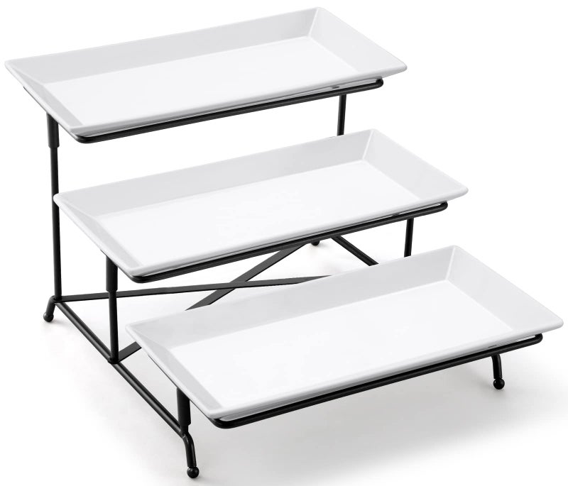 Yedio 3 Tier Serving Tray Set Porcelain Tiered Serving Trays Platters, Collapsible Sturdier Stand with Stable Cross Bars, 12 Inch Three Layer Serving for Party Entertaining Food Display Fruit Dessert - Image 1