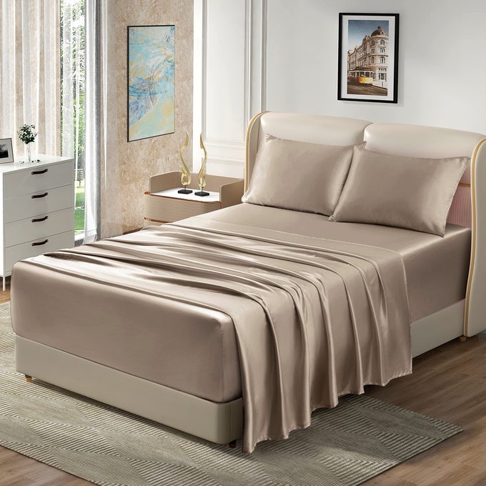 4PCS EXTRA DEEP POCKET SATIN SHEETS QUEEN SIZE BED SET 1824 INCH DEEP POCKET TAUPE SATIN SHEET SET FITS ULTRA DEEP MATTRESS