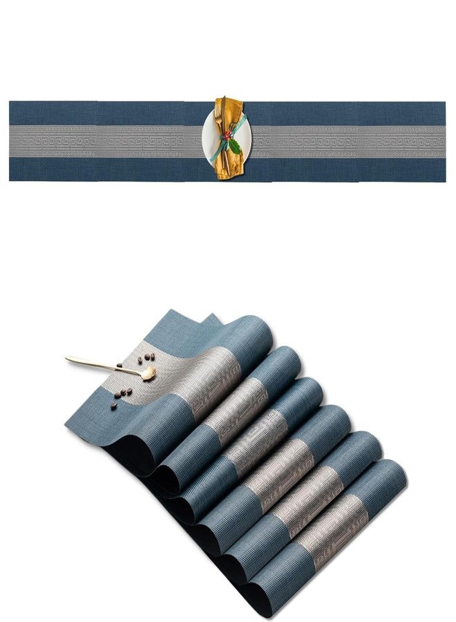 Buganda Elegant & Durable Table Runner and Placemats Set (Blue & Grey, 4 Placemat + 1 Table Runner) - Image 1