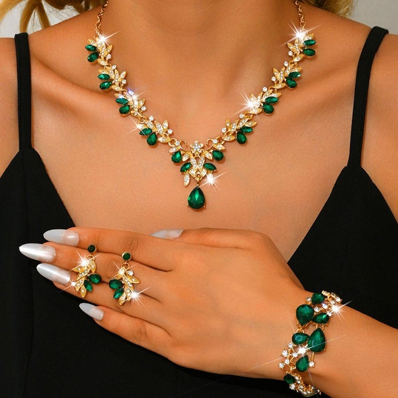Unicra Gold Green Jewelry Sets Rhinestone Wedding Necklace Earrings Bracelet Set Prom Formal Indian Costume Jewelry for Women and Brides (Green) - Image 3