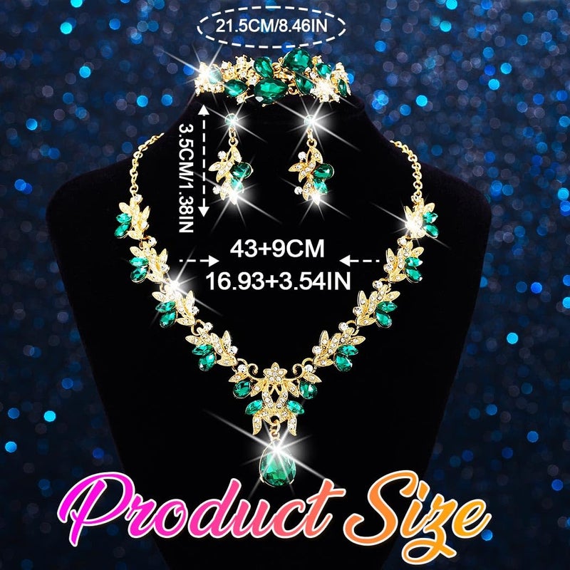 Unicra Gold Green Jewelry Sets Rhinestone Wedding Necklace Earrings Bracelet Set Prom Formal Indian Costume Jewelry for Women and Brides (Green) - Image 2