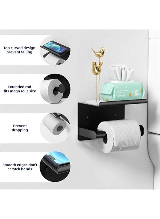 HOOKOR Toilet Paper Holder,Wall Mount Toilet Paper Holder with Phone Shelf,Adhesive or Screw Wall Mounted Toilet Paper Roll Storage, Black Bathroom Toilet Paper Holder ﻿ - Image 2