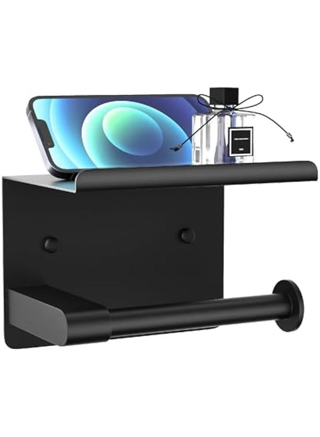 HOOKOR Toilet Paper Holder,Wall Mount Toilet Paper Holder with Phone Shelf,Adhesive or Screw Wall Mounted Toilet Paper Roll Storage, Black Bathroom Toilet Paper Holder ﻿ - Image 1