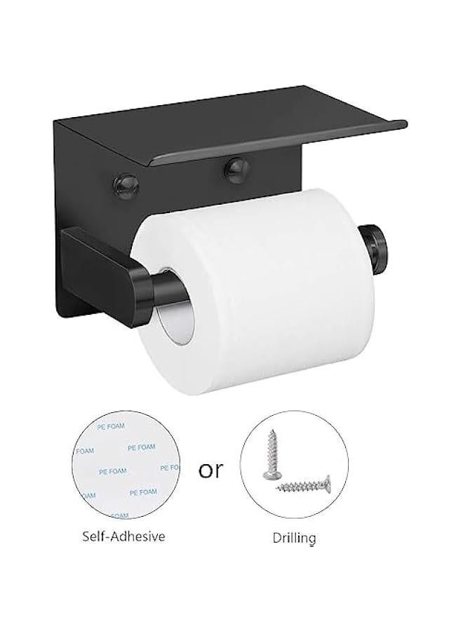 HOOKOR Toilet Paper Holder,Wall Mount Toilet Paper Holder with Phone Shelf,Adhesive or Screw Wall Mounted Toilet Paper Roll Storage, Black Bathroom Toilet Paper Holder ﻿ - Image 4