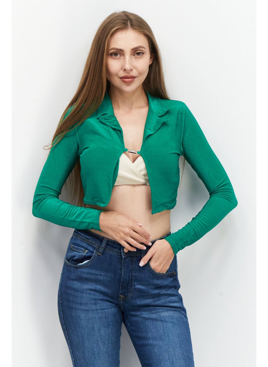 Women Spread Collar Long Sleeve Metallic Crop Top, Green - pzsku/Z29C301EBF6D1F6891469Z/45/_/1726108982/befda4ec-0761-4d82-b31d-23b8f61c7f58