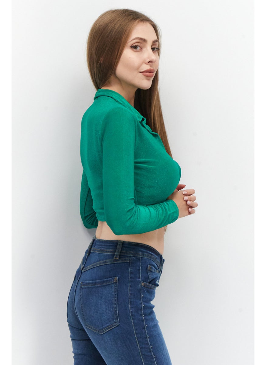 Women Spread Collar Long Sleeve Metallic Crop Top, Green - pzsku/Z29C301EBF6D1F6891469Z/45/_/1726108989/b5e686ad-cafc-4ad6-9285-7ea2ddfeb926